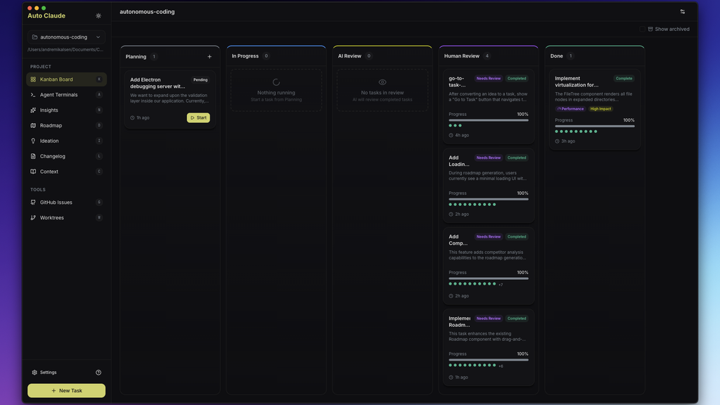 Auto Claude: framework autônomo de desenvolvimento de software com agentes de IA, automação completa de código e interface visual estilo Kanban